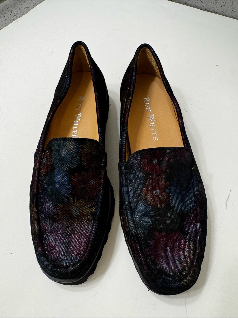 Ron White Rita Black Floral Metallic Floral Printed Cashmere Suede Loafers Sz 37 - Picture 3 of 12